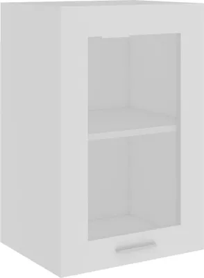 A white wall cabinet with a glass door and a handle.