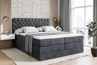 Produktbild von ALTDECOR Boxspringbett mit 2 Matratzen und Topper - 200x200 cm - BOXI8 KING - Dunkelgrau Samt - Polsterbett mit, H3- und H4- Matratzen, Bettkasten und Lattenrost, Bett mit Stauraum