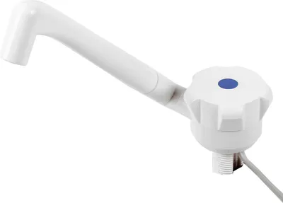 A white faucet with a blue accent on a white background.