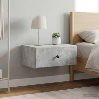 Image de Table de chevet murale exclusive - Lot de 2, couleur gris béton, dimensions 49 x 34,5 x 20 cm