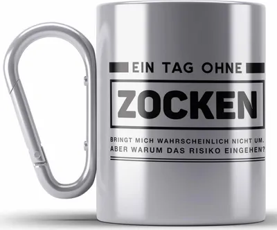 Produktbild von Trendation - Gamer Spruch Edelstahl Tasse Karabiner Controller Geschenk - Ein Tag Zocken - Zocker Edelstahl Tasse Karabinern Geschenk Jungs Jungen Gaming (Silber)