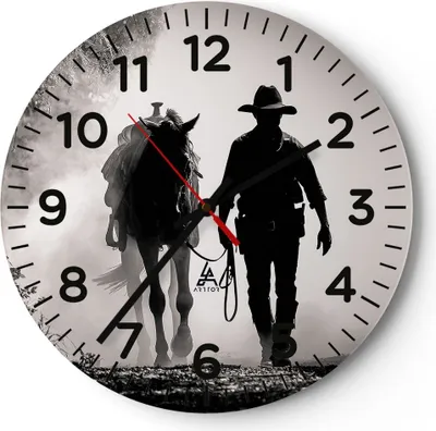 Produktbild von Wanduhr - Rund - Glasuhr - Cowboy Pferd Shady - 30x30cm - Schleichendes Uhrwerk - Lautlos - zum Aufhängen bereit - Dekoration Modern - Wanddekoration aus Glas - C4AR30x30-4620