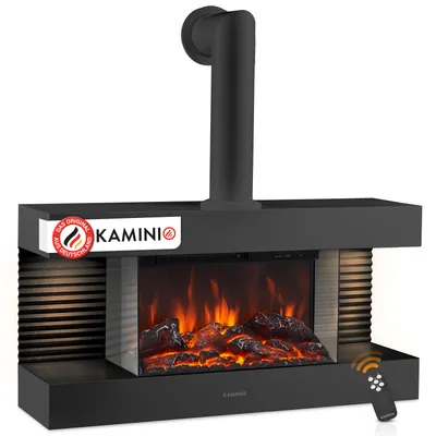 Obrázek produktu pro KAMINIO Elektrický krb LIZ s kouřovodem – Elektrický nástěnný krb s topením, 3D efektem plamenů, LED ambientním osvětlením, dálkovým ovládáním – černý