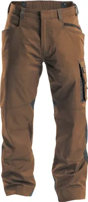 A pair of brown work pants is shown against a white background.