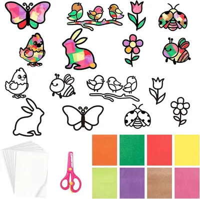 Image de Kit de décoration de fenêtres pour le printemps, comprenant 22 pièces, avec des pochoirs, des films adhésifs, du papier et des ciseaux
