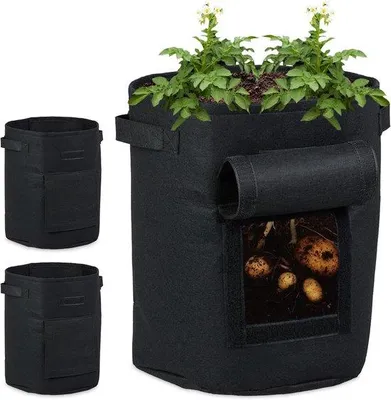 Productafbeelding van Famanu Kweekzak Set van 3 - met klep, voor aardappelen en groenten, HxØ: 35 x 30 cm, vliesmateriaal, zwart