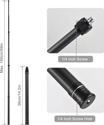Produktbild von Tragbare Selfie Stick Carbon Fiber Stand Kamera Halterung 1/4 Zoll Schraube Mount 36cm-150cm/14.2in-59in Einstellbare Länge Kompatibel mit Insta360 X2/ X3