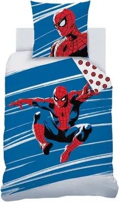 Zdjęcie produktu dla Uniqoos® Komplet pościelowy Spider-Man – jednoosobowy, 140x200 cm, 100% bawełna, z poszewką na poduszkę 63x63 cm, dwustronny nadruk