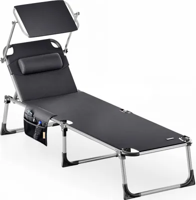 A dark gray folding lounge chair with a canopy and pillow, shown against a white background.