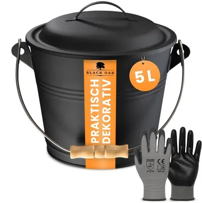 Produktbild von BLACK OAK Ascheeimer PITON 5L – Schwarz mit Deckel, Holz-Griff & Handschuhen – feuerfest
