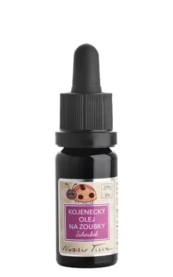 A small glass bottle with a dropper lid, containing a natural oil product for babies.