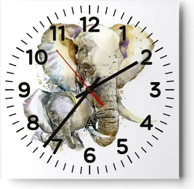 Produktbild von Wanduhr - Quadrat - Glasuhr - Elefanten tier safari afrika - 40x40cm - Schleichendes Uhrwerk - Lautlos - zum Aufhängen bereit - Dekoration Modern - Wanddekoration aus Glas - C4AC40x40-2884
