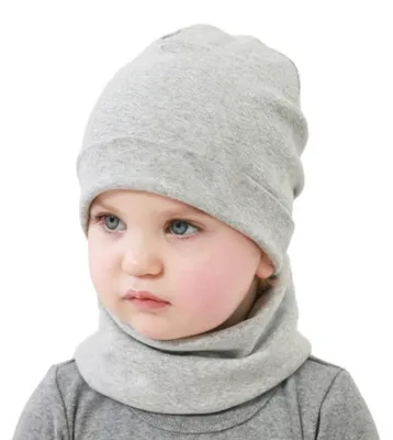 Produktbild von Kindermütze Schal Set Baumwolle Mädchen Jungen Beanie Loop Schal Hellgrau