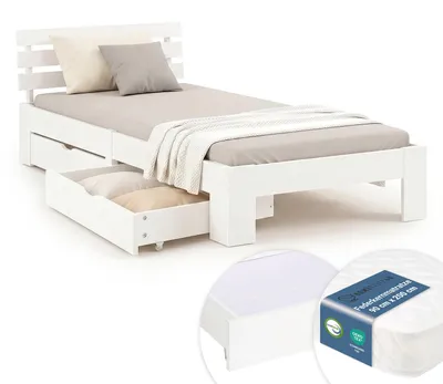 Obrázek produktu pro Holzbett Einzelbett 90x200 cm mit Federkernmatratze & 2 Bettkästen Bett Weiß Massiv Holz Lattenrost