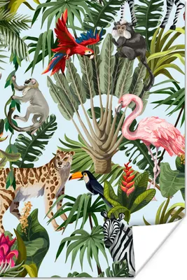 Produktbild von MuchoWow® Poster Dschungel - Tiere - Mädchen - Kinder - Jungen - Flamingo - Papagei 60x90 cm - Wanddekoration