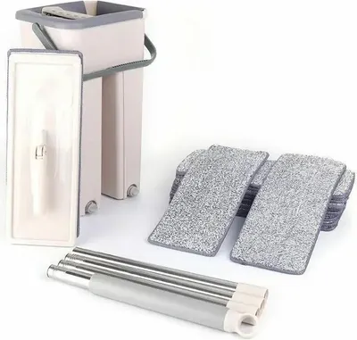 Image de Kit de nettoyage pour sols - Avec seau - 10 tampons en microfibre - Manche en acier - Tête de nettoyage en polyester - Portable - Multicolore