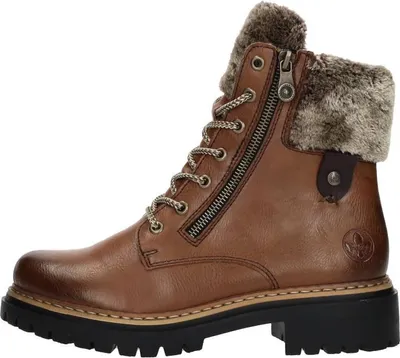 A single brown winter boot with fur trim and laces, shown from the side.