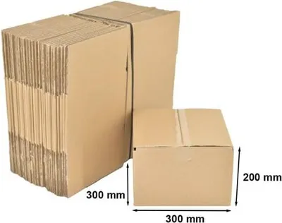 A stack of flat-packed cardboard boxes and one assembled cardboard box with dimensions indicated.