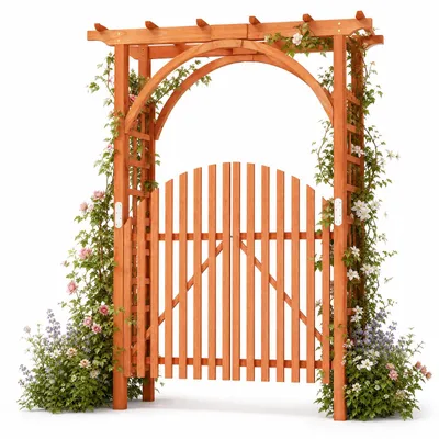 Obrázok produktu pre Rámová brána COSTWAY s dverami, 161 x 60 x 215,5 cm, záhradná brána z borovicového dreva, kvetinový oblúk s baldachýnom a mriežkou na popínavé rastliny, brána do záhrady, farba: oranžová