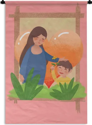 Produktbild von MuchoWow® Wandteppich Wandbehang Mutter und Kind Illustration mit Herz 90x135 cm Tapisserie Dekoration Wandtuch - Baumwolle - Wandskulptur