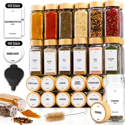 Produktbild von Sada 36ks - Deco Haus Sklenice na koření s bambusovým šroubovacím uzávěrem-sada s bílými etiketami, nálevkou, čisticím kartáčkem, 120 ml, 10,5 x 4,3cm