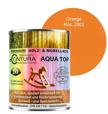 Produktbild von Contura 750ml. Möbellack Lack für Kinderspielzeug Buntlack DIN EN71/3 Buntlack Holzlack - RAL 2003 Orange