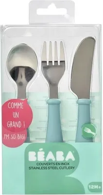 Immagine prodotto di Set posate per bambini BEABA, 3 pezzi, acciaio inossidabile, Airy Green, dai 12 mesi in su
