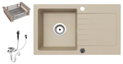 Produktbild von [Granitspüle 76x44 +Spülkorb ] Hochwertige beidseitig Montierbare Eckige Granit Spülbecken f. Unterschränke ab 45 cm inkl.Siphon Set, Farben:Beige