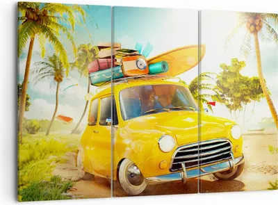 Produktbild von Bild auf Leinwand - Leinwandbild - Auto Strand Reise Sommer - 105x70cm - Wand Bild - Wanddeko - Leinwanddruck - Bilder - Kunstdruck - Wanddekoration - Leinwand bilder - Wandkunst - CE105x70-2839