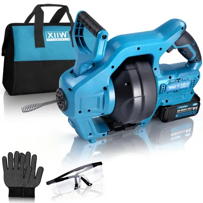 A blue and black drain cleaning tool with accessories, including gloves and safety glasses, laid out on a white background.