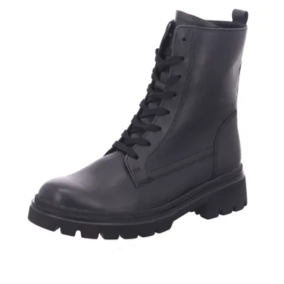 A single black lace-up boot is shown against a white background.