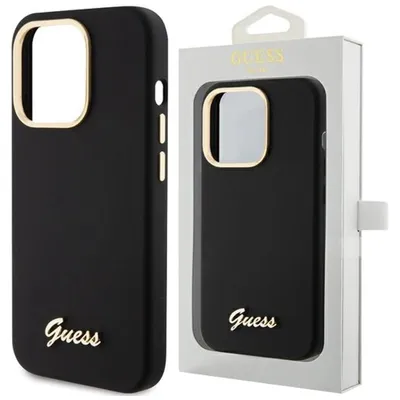 Produktbild von Guess Silikon Script Metall Logo & Rahmen - iPhone 15 Hülle (Schwarz)