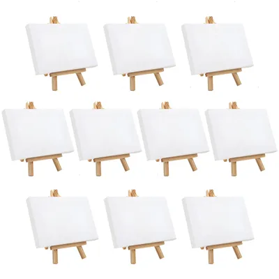 Produktbild von Belle Vous Mini Leinwand mit Holz Bildhalterung Ständer Tisch Staffelei (10er Pack) - H15,5cm x B8,9cm - Vorgespannte, Grundierte Leere Leinwand -