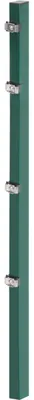 A green fence post with metal clips attached, isolated on a white background.