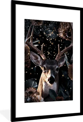 Produktbild von MuchoWow® MuchoWow® Gerahmtes Poster Hirsche - Gold - Pflanzen 60x90 cm - Poster mit zchwarzem Bilderrahmen - Dekoration - Wandposter Wohnzimmer - Hochwertig