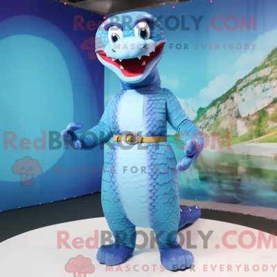 Image de Personnage mascotte REDBROKOLY d Anaconda bleu ciel habillé d un maillot de bain et de bracelets