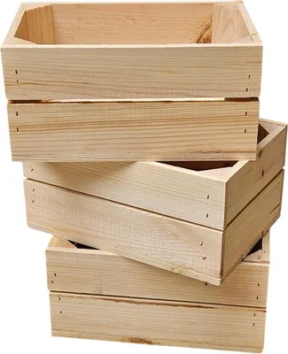 A stack of three wooden crates against a white background.