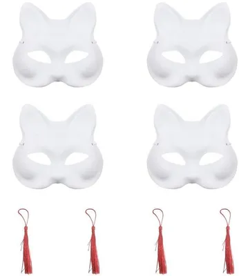 Productafbeelding van Kattenmaskers 4 stuks - Beschilderbaar - Halloween/Carnaval - Wit met Rode Kwastjes - 18 x 17 cm - Handbeschilderd - Feestmasker