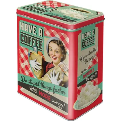 A vintage-style tin box with a retro advertisement for coffee.