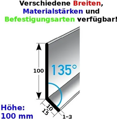 Produktbild von Sockelleiste | Edelstahl | Silber | Breite 10 mm | Höhe 100 mm | Länge 2500 mm | Materialstärke 1 mm | Gebohrt | Fußleiste | 1 Stück