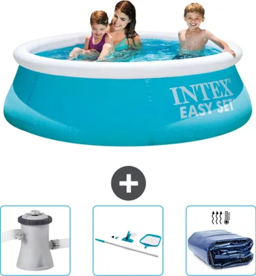 An inflatable pool with people in it, along with accessories like a filter pump, cleaning kit, and solar cover.