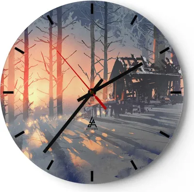 Produktbild von Wanduhr - Rund - Glasuhr - Winter Wald Hütte - 40x40cm - Schleichendes Uhrwerk - Lautlos - zum Aufhängen bereit - Dekoration Modern - Wanddekoration aus Glas - C3AR40x40-3854