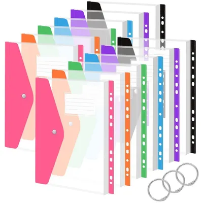 Produktbild von Dokumententaschen A4, 12 Stück, transparent, 11 Lochrand, Druckknopf, erweiterbar, 6 Farben