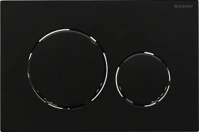 A black toilet flush plate with two circular buttons, one larger than the other, both outlined with white accents. The Geberit logo is visible in the top right corner.