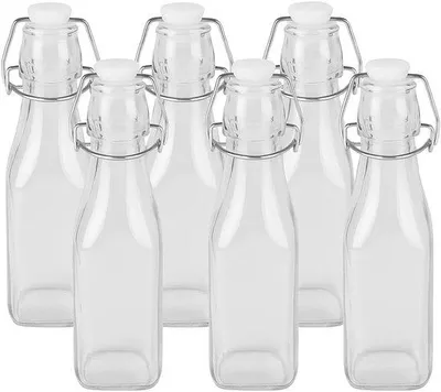 Zdjęcie produktu dla Zestaw 5 małych szklanych butelek o pojemności 250 ml - szczelne, z zakrętką - średnica 5,5 x 20 cm - wielokrotnego użytku, idealne do wody - przezroczyste