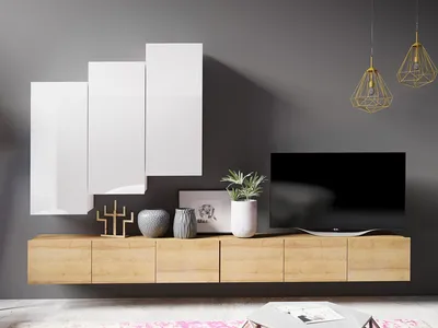 Produktbild von Wohnwand CALABRINI-20 Wohnzimmer-Set Hängewohnwand Schrankwand Schrank TV-Schrank Moderne Anbauwand Hochglanz (Weiß / Goldene Eiche)