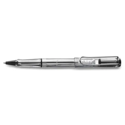 A clear, studio shot of a transparent rollerball pen against a white background.