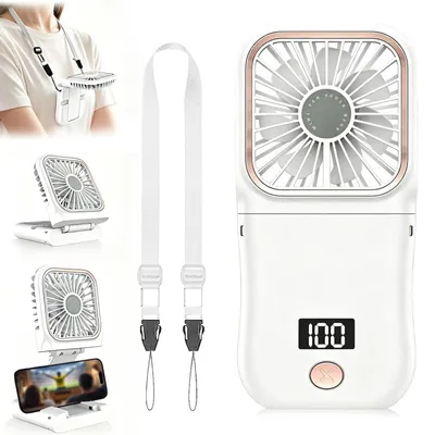 Produktbild von Tragbarer Mini Handventilator, 5 Geschwindigkeiten, Hand Fan | 4-in-1 Faltbarer Ventilator mit LED-Display, Handyhalter, Lanyard und USB-C, als Hand