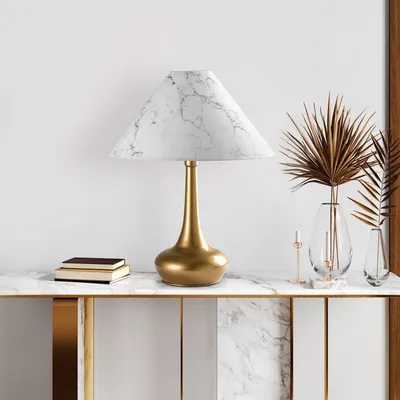 Produktbild von Opviq, Hochwertige Tischlampe, Metallkörper, Gold und Weiß, 50 x 50 x 63 cm | Stoffschirm Ø12-50 h:25 cm | E27 Fassung, max. 40 W, ohne Glühbirne | IP20, ideal für modernes Wohnen.