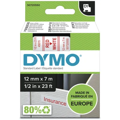 Produktbild von DYMO Original D1-Etikettenband | rot auf weiß | 12 mm x 7 m | selbstklebendes Schriftband | für LabelManager-Beschriftungsgerät